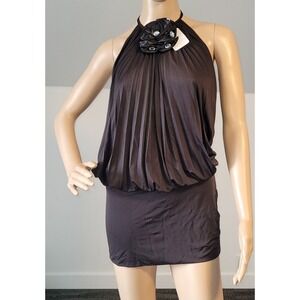 Sexy Women Black Dressy Blouse Stretch Tunic with Floral Accent Backless Medium